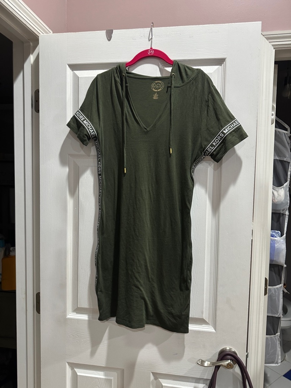 Michael Kors Olive Hooded V-Neck Tunic with Branded Trim